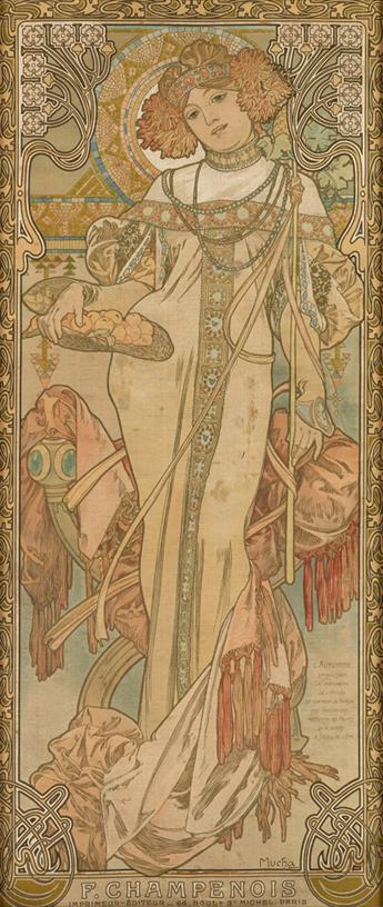 ALPHONSE MUCHA (1860-1939). [THE SEASONS.] Four decorative panels on silk. 1900. Each 26x11 inches, 66x28 cm. F. Champenois, Paris.